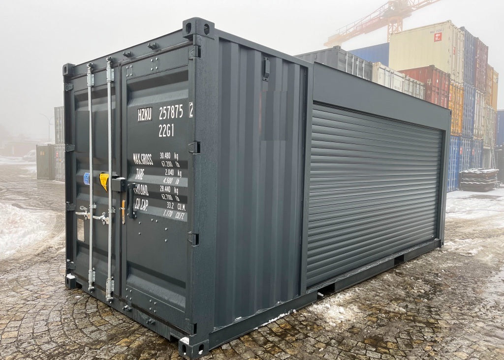 Contentor de 6 metros com porta de enrolar e porta de entrada RAL 7016